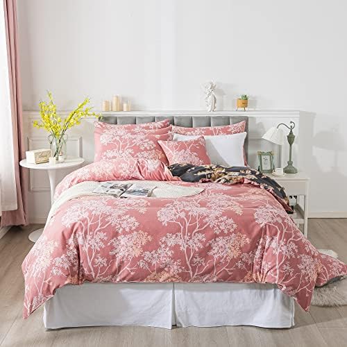 FADFAY Pink Floral Bedding Set 3 Pcs Queen Size 100% Brushed Cotton 600 TC Reversible Dark Grey Duvet Covers Branches Chinoiserie Vintage Flowers Print Zipper Comforter Cover Soft Breathable