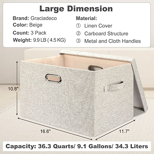 Graciadeco Large 17" 36 Quart Collapsible Stackable Storage Bins With Lids, 3 Packs Beige Foldable Fabric Closet Storage Boxes With Lids, 4 Handles Toy Heavy-Duty Dark Gray Linen Storage Cube Box Baskets Container Organizers And Storage For Bedroom Office (17 X 12 X 11) #TOP1