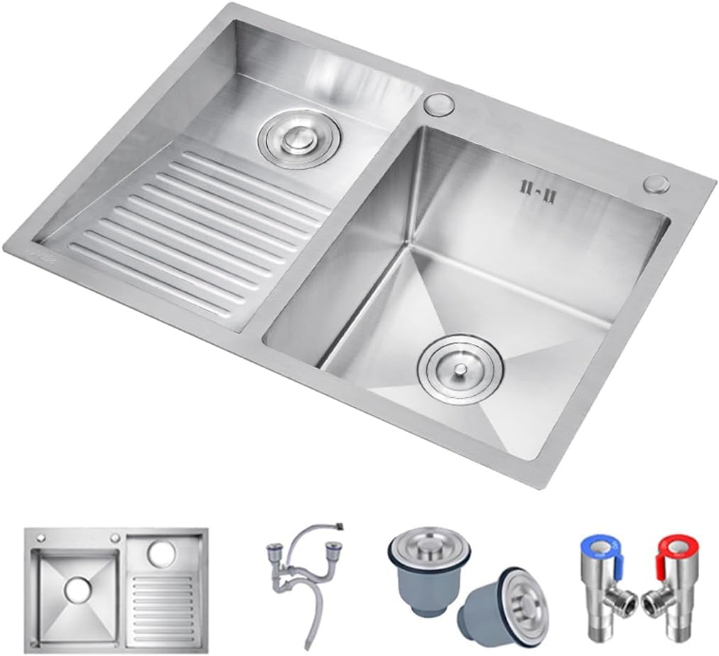 Generic Double Bowl Kitchen Sink Bathro Sinks with Washboard Large 304 Stainless Steel Laundry Sink Multifunctional Bar Kitchen Sink with Drainage Cponent (Color : Silver-b, Size : 90x48x21cm)