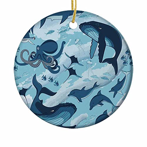 cbbxxjqz Ceramic Ornaments - Inhabitants of Ocean Sharks Whales Dolphins Octopus Jellyfish Starfish Round Ornament Holiday Christmas Ornament|Cute Santa Gift|Xmas Tree Decoration 2.8in