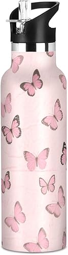 Miniatura 1 de Pink Butterfly Lightweight Water Bottles with Straw Double Wall Vacuum Insulated Bottles for Travel, Camping, Sports
