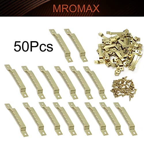 Image of MroMax 50PCS Sawtooth Picture Hangers Iron Picture Hangers 2.56 inch x 0.39 inch Double Hole Picture Frames Hangers for Hanging Clock Paintings Artwork Picture Frame Hook Photos Gold