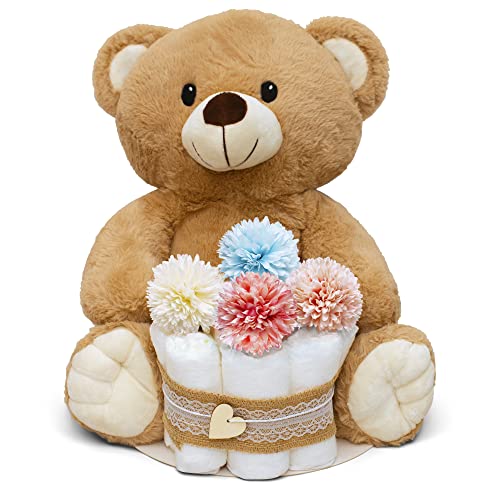 MilaBoo® Pequeña tarta de pañales vintage neutra con oso de peluche grande, regalo cariñoso para nacimiento, regalo de fiesta de bebé hecho a mano
