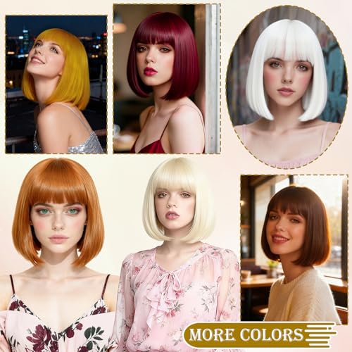 Image of PLULON Gold Short Bob Wig with Bangs for Women, Colorful Neon Short Bob Synthetic Hair Wigs with Hair Cap Heart Sunglasses for Adults Girls Men Daily Bachelorette Halloween Costume Party Supplies