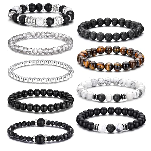 EIELO Beaded Stretch Bracelets for Men Women Natural Stone Tiger Eye Black Lava Rock Stretch Adjustable Black Boho Crystal Stackable Beaded Bracelets Set