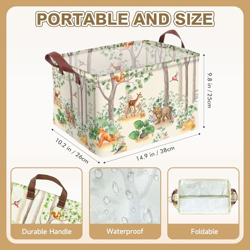 Image of Woodland Animal Storage Basket Waterproof Canvas Toy Storage Bin Home Forest Decor Collapsible Outdoor Basket with Leather Handles Woodland Decor Blanket Baskets For Closets,Bedrooms,Gifts Baskets