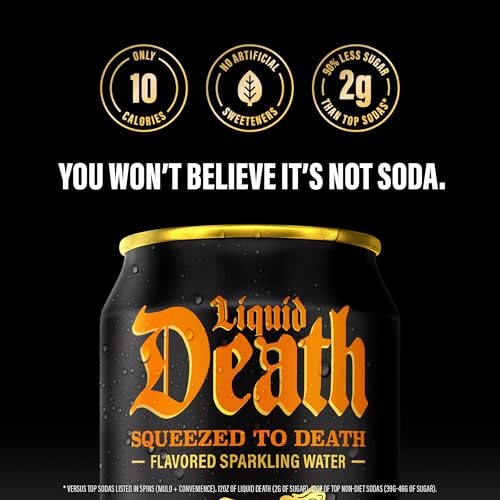 Image of Liquid Death Soda-Flavored Sparkling Water - Squeezed To Death (Classic Orange Soda), Less Sugar*, Huge Flavor, No Caffeine, No Artificial Sweeteners, 12 Fl Oz (Pack of 12)