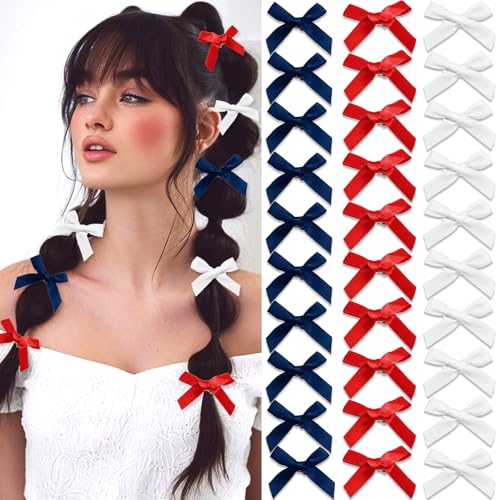 SAWINDA 30Pcs 4 of July Mini Hair Bows Cheer Bow Hair Clips Small Bows for Hair Cute Satin Bowknot Hair Barrettes Hair Ribbon Hair Clips Accessories for Women Teens Girls
