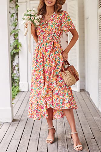PRETTYGARDEN Women's Summer Floral Boho Maxi Dress Wrap Short Sleeve V Neck Ruffle A-Line Flowy Wedding Guest Long Dresses