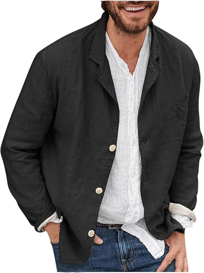 Mens Cotton Linen Shirt Blazers Casual Loose Fit Long Sleeve Button Down Shacket Lightweight Comfy Work Overshirt - Main Image