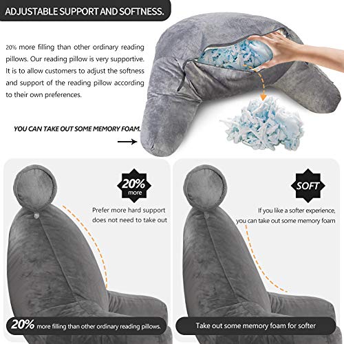 Mittagong Shredded Foam Reading Pillow With Detachable Neck Roll & Big Bed Backrest Pillow For Bed With Arms And Side Pocket - Perfect For Back Support While Relaxing, Gaming, Reading, Or Watching Tv #TOP4