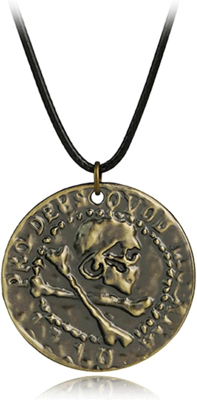 Uncharted 4 Drake Jewelry Engraved Skull Bronze Coin Pendant Necklace Ring Pendant Necklace Brown Leather Chain Men