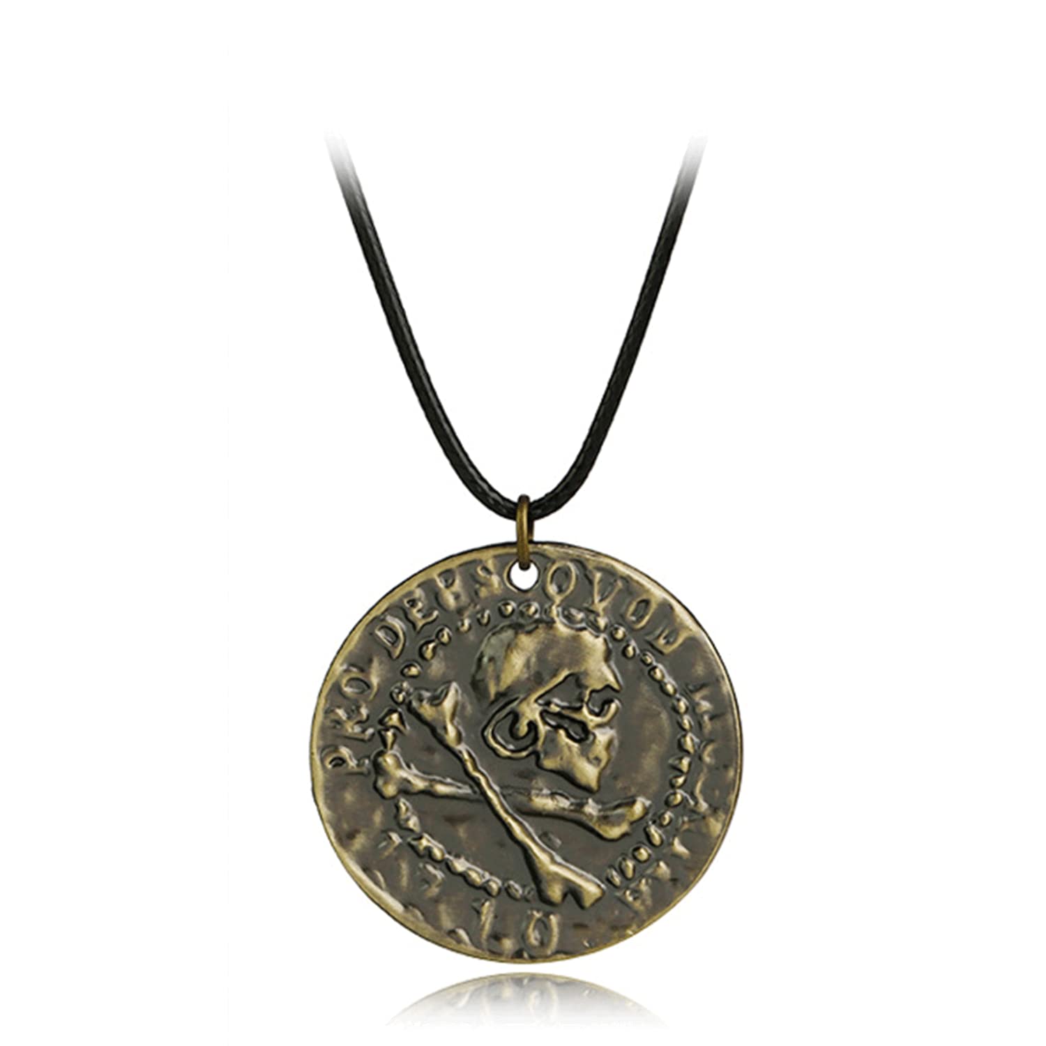 Fuvirou Uncharted 4 Drake Jewelry Engraved Skull Bronze Coin Pendant Necklace Ring Pendant Necklace Brown Leather Chain Men