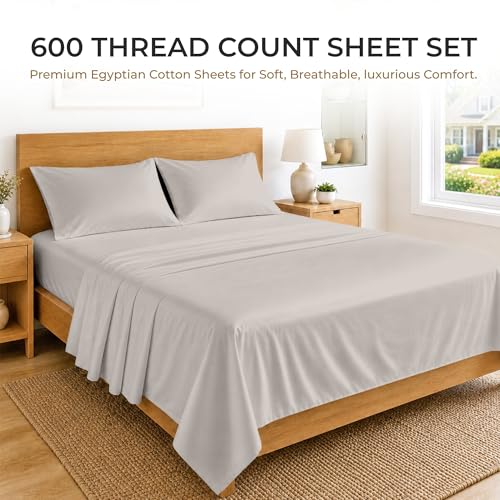 Image of SGI bedding 100% Egyptian Cotton Sheets King Size - 600 Thread Count Sheets Set, Soft, Cooling, 15 inch Deep Pocket, Luxury Hotel Bedding, Breathable, Durable - Light Gray