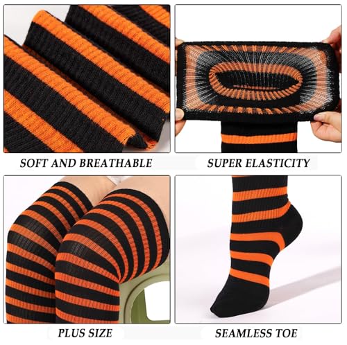 Image of Moon Wood Plus Size Thigh High Socks for Women Knit Cotton Extra Long Striped Over the Knee High Socks Leg Warmers