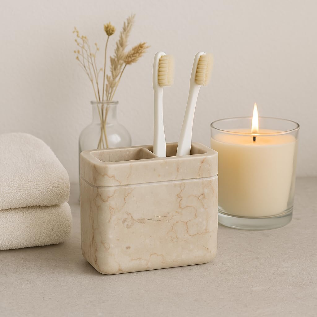 Creative Home Natural Champagne Marble Toothbrush Holder for Bathrooms, Rectangular Bathroom Countertop Organizer, Makeup Brush Holder, 5.5 x 2.6 x 4.5 Inch, Beige