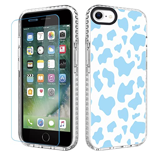 Mzelq Iphone Se 2022/2020 Cute Blue Cow Print Case + Screen Protector, Compatible With Iphone 7/8, Soft Tpu Protection #TOP8