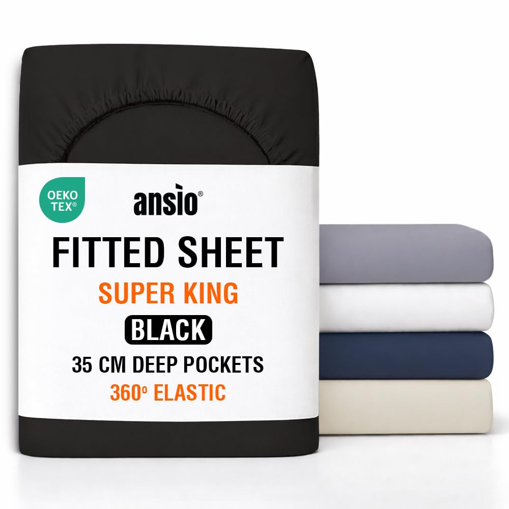 ANSIO® Super King Fitted Sheet Soft Brushed Microfibre Fabric – Deep Pocket 35cm – All-Around Elastic – OEKO-TEX Certified – Easy Care & Naturally Smooth After Wash - Black