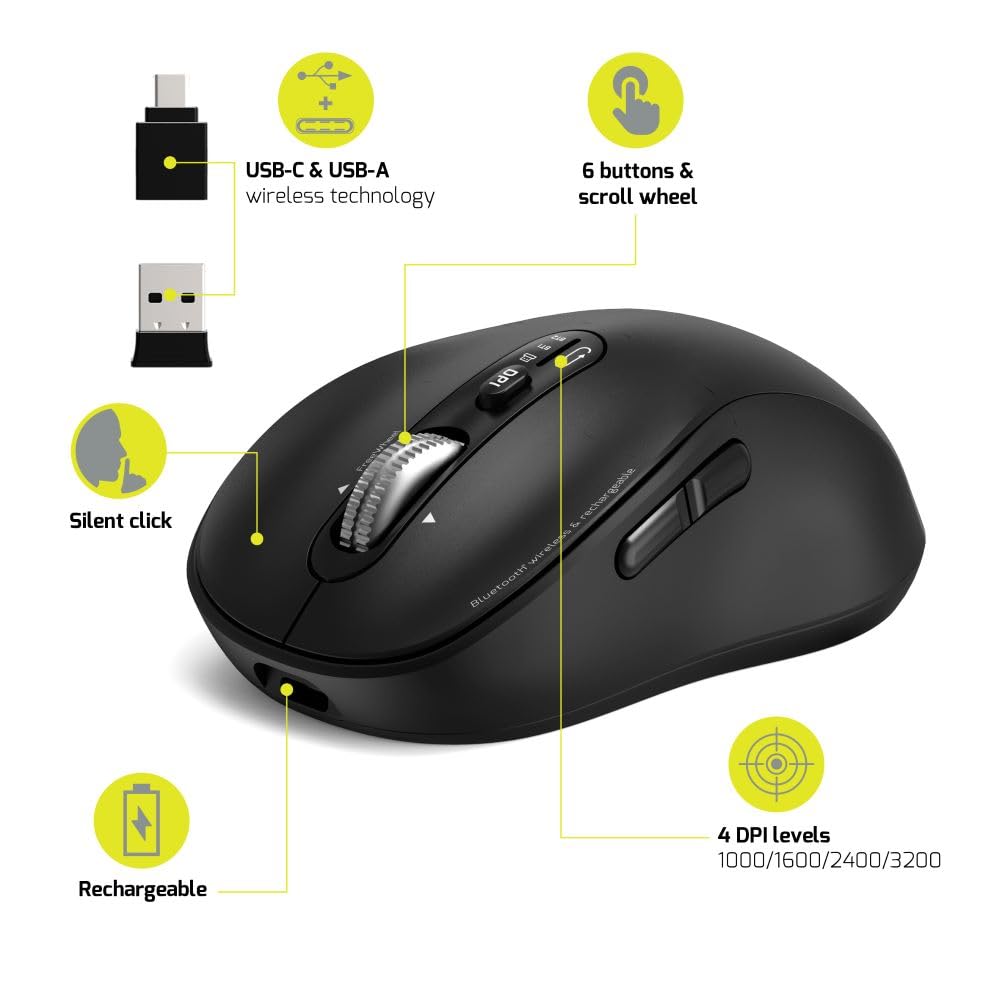 Port Connect Kabellose Maus für PC Pro, 2,4 GHz, Bluetooth, wiederaufladbar, USB-C, leise, 6 Tasten, Schwarz
