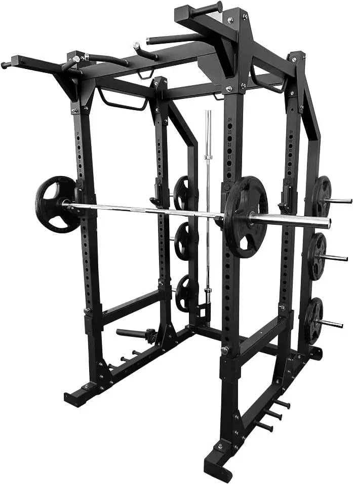 French Fitness Tahoe Power Cage/Full Rack – 11 Gauge Steel, Multi-Grip Pull-Up Bar, Adjustable J-Hooks, Olympic Plate Storage, Band Holders, Landmine Attachment for Power Training