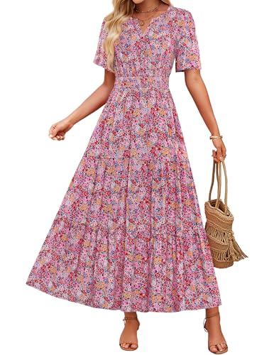 ZESICA Women's 2025 Summer Casual Floral Print Short Sleeve V Neck High Waist A Line Tiered Flowy Boho Maxi Dress