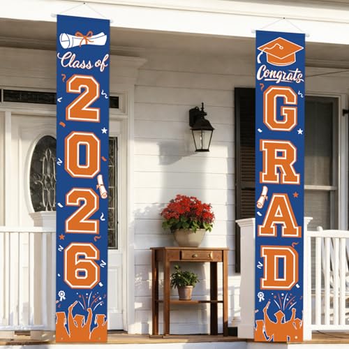 Image of Graduation Decorations 2026, Orange and Blue Door Porch Signs, Graduation Banner Class of 2026, Congrats Grad Banner for Door and Porch Graduation Party Supplies
