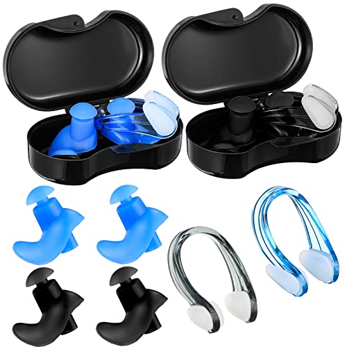 2 Sets de Tapones para los Oídos y Pinzas de Nariz para Natación Tapones de Silicona Impermeables Reutilizables con Caja para Nadar Duchar Piscina Surf Deportes Acuáticos (Negro, Azul)