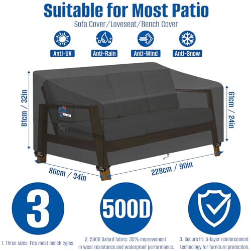 SIRUITON 3-Seat 90" W x 34" D x 32" H Garden Patio Sofa/Loveseat/Bench Cover, Heavy Duty 500D Oxford Waterproof Outdoor Sofa Cover, Lawn Patio Furniture Covers by SIRUITON - Image 2