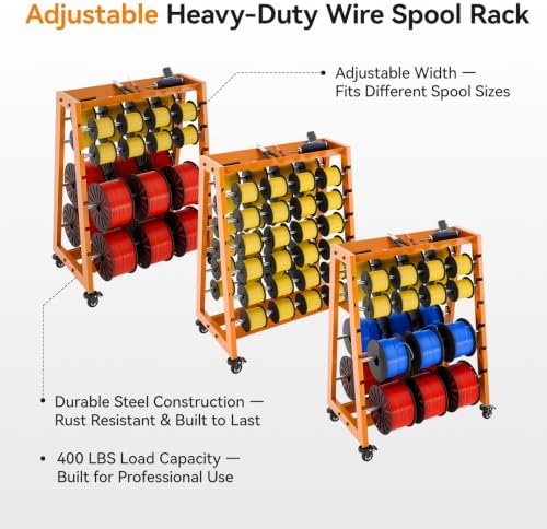 WINOVERCO Wire Spool Rack with Tool Box, Heavy Duty 8-Rod Adjustable Cable Dispenser with Locking Wheels, 400LB Capacity Wire Holder Organizer for Electrical, Industrial and Retail Use - 2