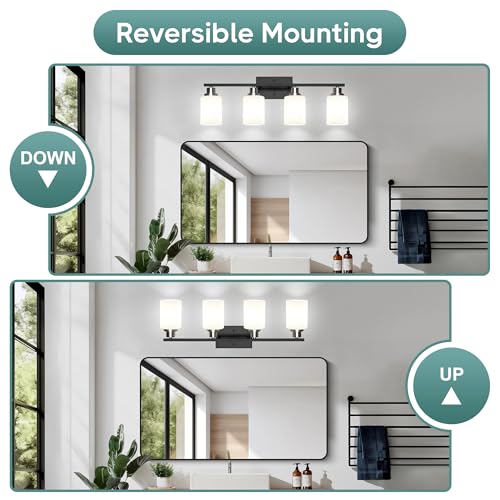 Image of Ascher Bathroom Light Fixtures, 4-Light Vanity Light Over Mirror, Black and Nickel Wall Sconces with Milky White Frosted Glass Shades, Wall Lamp for Living Room Bedroom, E26 Base(Bulbs Not Included)