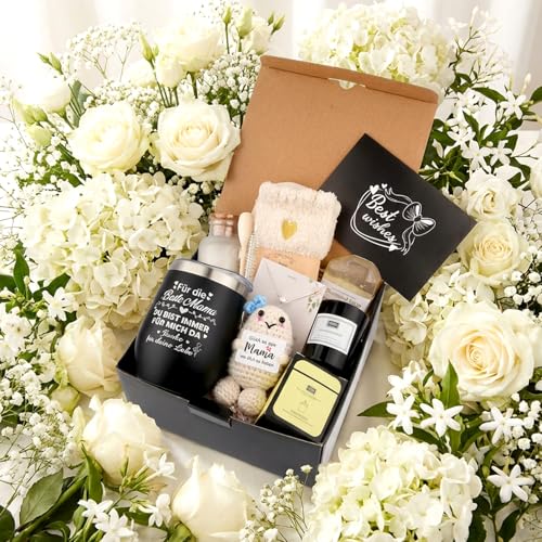 Geschenke für Mama, Geburtstagsgeschenk für Mama, Ostern Muttertag Geschenk für Mutter, Beste Mama Geschenk, Thermobecher mit Stroh & Bürste, Halskette Socken Badesalz Seife Gehäkelte Geschenkset