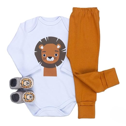 Conjunto Bebê Body Manga Longa, Calça com Pé Reversível e Pantufa – Bichinhos Carinhosos - Loja Era Uma Vez