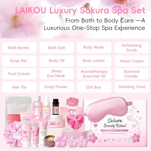 LAIKOU Sakura Bath Gift Set, 16 Pcs Luxury Unique Self Care Package, Mothers Day Christmas Birthday Body Gifts for Her Friend Sister Mum Wife, Hydrating, Floral Scented, Pamper Gift Set for Women - Image 4