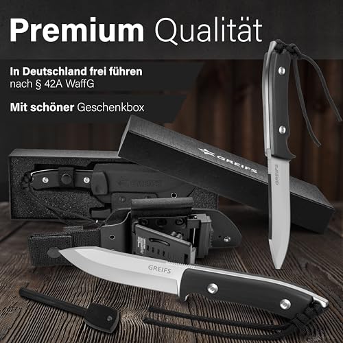 GREIFS® Outdoor-Messer aus D2 Stahl mit Kydex Holster und Feuerstahl, edles Survival Messer für die Bushcraft Ausrüstung, Jagdmesser, Schnitzmesser, Fahrtenmesser (Milan/Silber-Schwarz)