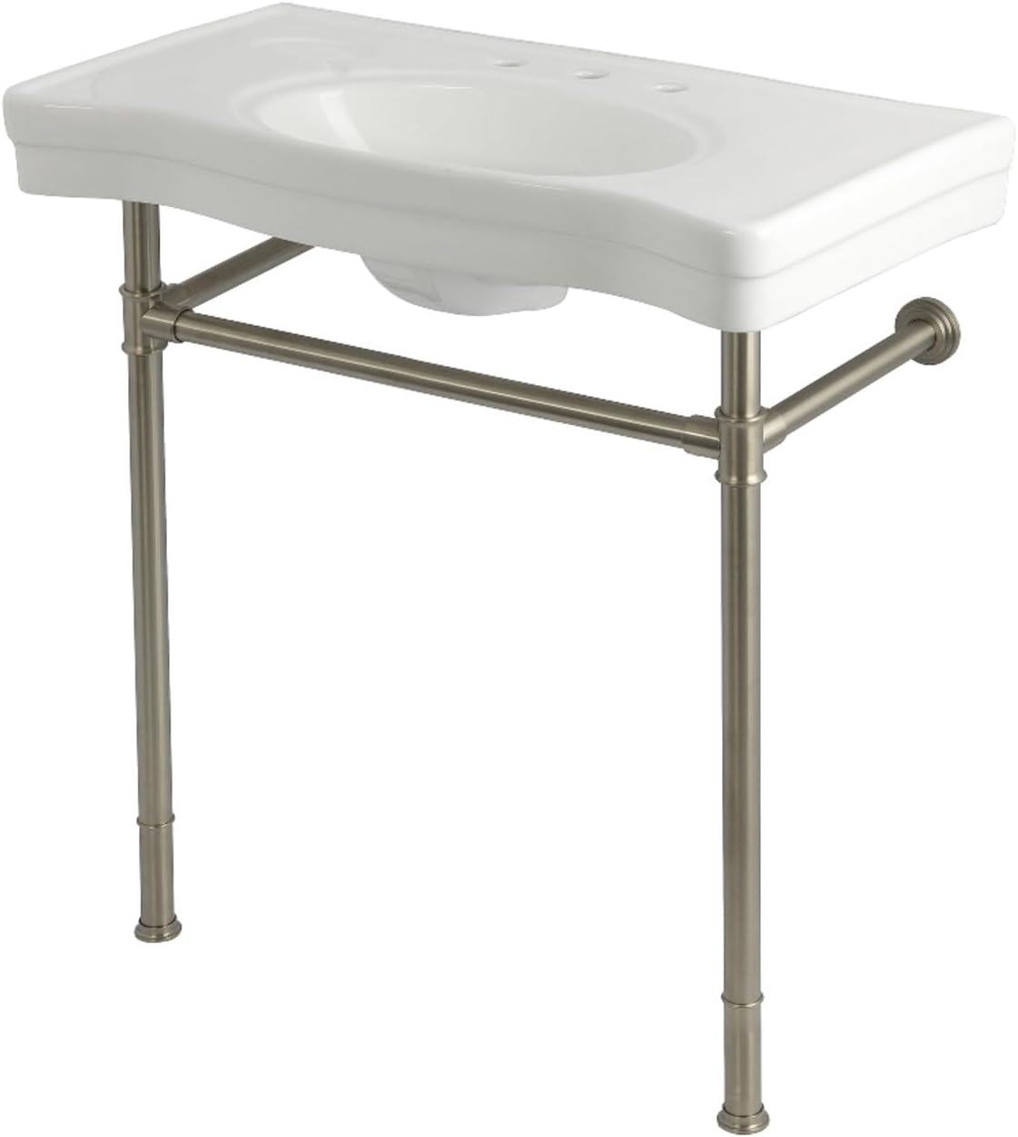 Kingston Brass KVPB36198W88 Imperial 36" Ceramic Console Sink with Stainless Steel Legs (8-Inch, 3-Hole), White/Brushed Nickel