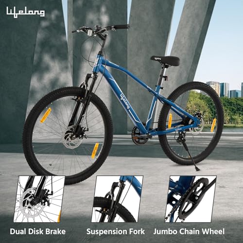 Image of Lifelong Gear Cycle for Men & Women MTB 26T with Dual Disc Brake - MultiSpeed 7-Gear Bicycle - Front Suspension Fork - Mountain Bike Ideal for 15 Years + Adults Upto Height 5 ft 5 inches (Blue)