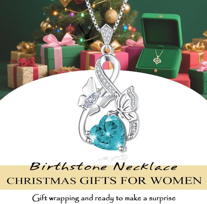 Gold Jewelry for Women Wife Infinity Necklace 18K White Gold Plated Dainty Butterfly Pendant with Heart Birthstone - Anniversary Necklaces for Women Birthday Gift Ideas Present for Girlfriend Mom Daughter