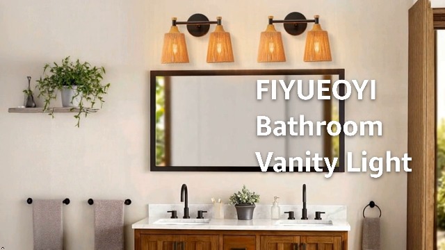 Image of 2-Light Boho Vanity Light Fixtures, Farmhouse Bathroom Light Fixtures Over Mirror, Rustic Rattan Vanity Lighting with Hand-Woven Lampshade for Bedroom Living Room Bathroom Restroom Hallway