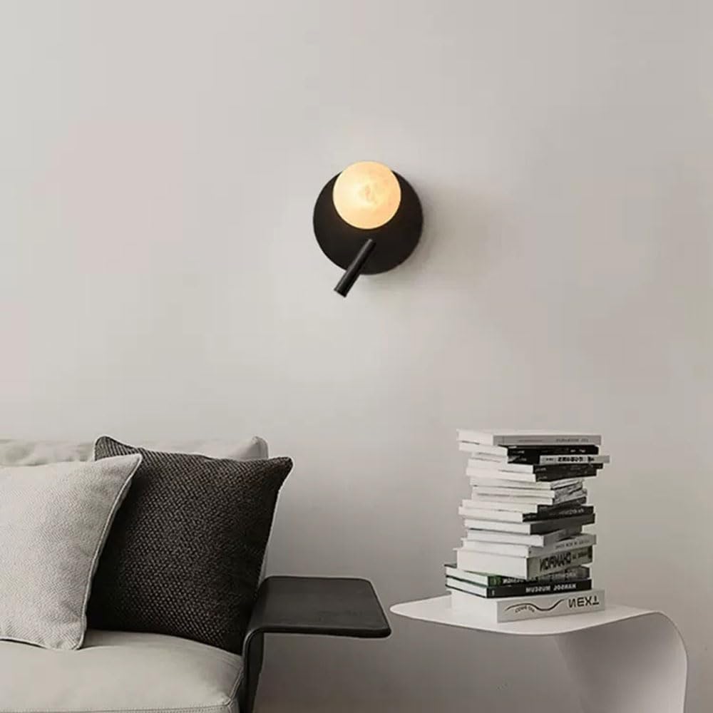 Applique sferica in alabastro, lampada da parete in stile medievale moderno, lampada da parete rotonda in metallo nero da 9,8 pollici, apparecchi di illuminazione decorativi per ristorante, so