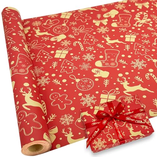 Christmas Wrapping Paper for Gift Wrapping - Xmas Gift Wrapping Paper Roll Red Festive Design 43cm x 15M for Gift Wrapping Party Decoration