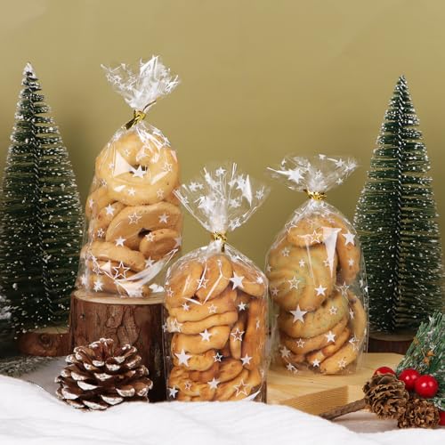 BETESSIN Geschenktüten Weihnachten - 100 Stück 9.5x16cm Cellophantüten Transparent mit weißen Stern Motiv - Plastiktüten mit Bindedraht - Weihnachtstüten für Süßigkeiten, Kekse & Plätzchen