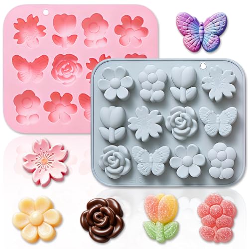 2 Pack Flower and Butterfly Silicone Cake Molds 12 Cavity 3D Flower Petals Mould Tray DIY Baking Decorating Tools for Chocolate Candy Cupcake Mousse Dessert Gummy Handmade Soap Resin Clay