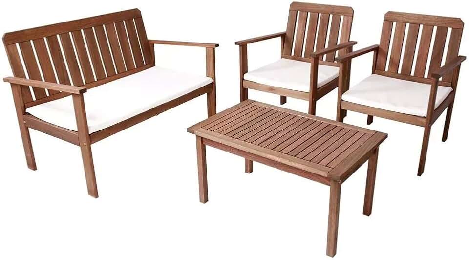 Conjunto Sofá Namoradeira com Poltronas e Mesa de Apoio Em Madeira (Madeira/Duna Cru)