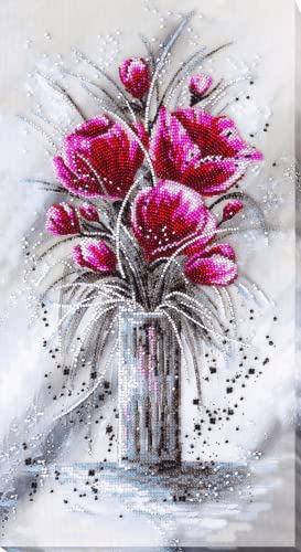 Bead Embroidery Kit Red Emerald. DIY Beadwork Craft Kit for Beginners. Hand Made Beading kit from Abris Art, Ukraine. Stylish needlework set, needlepoint pattern red tulip flower purple decor wall art