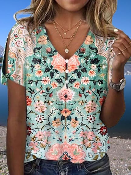Women's Boho Butterfly Floral Print Cold Shoulder Flowy Tops Summer Dressy Casual V Neck Ladies Blouses Tunic Tops - Image 2