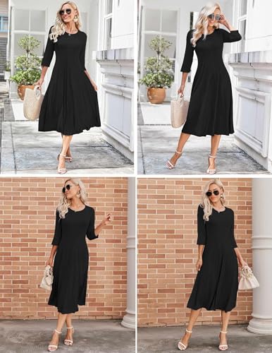 HOTOUCH Women's 3/4 Sleeve Casual Loose Solid Midi T-Shirt Dress (Black XL) - Thumbnail 5