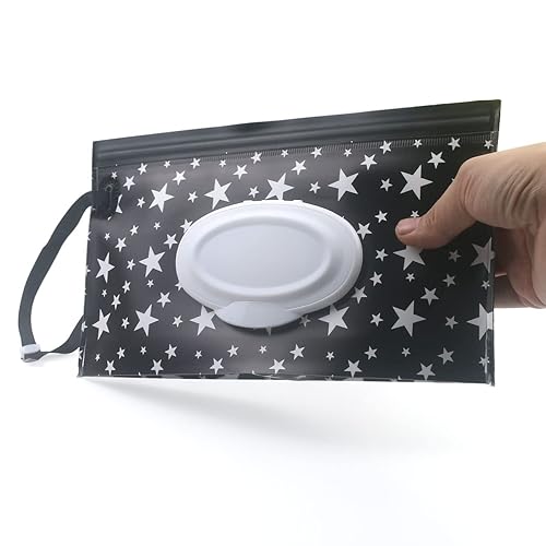 Miniatura 2 de Dispensador de toallitas húmedas para bebé, portátil, recargable, bolsa dispensadora de toallitas reutilizables para viaje (estrellas negras y