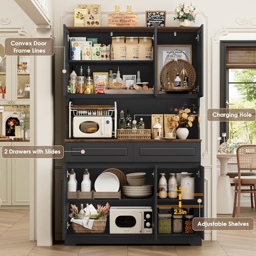 Image of FACBOTALL 74 inch Pantry Cabinet, Tall Kitchen Pantry Cabinet with 6 Doors and 2 Drawers, Kitchen Hutch with Wide Countertop, Modern Kitchens Cupboard with Adjustable Shelves and Charge Holes, Black