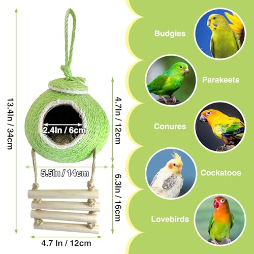Image of Tfwadmx Coconut Hide with Ladder, Natural Coconut Fiber Hanging Birdhouse Cage, Handmade Sisal Rope & Coconut Bird Shell Breeding Nest for Parrot Parakeet Lovebird Finch Canary (2 Pcs Green)
