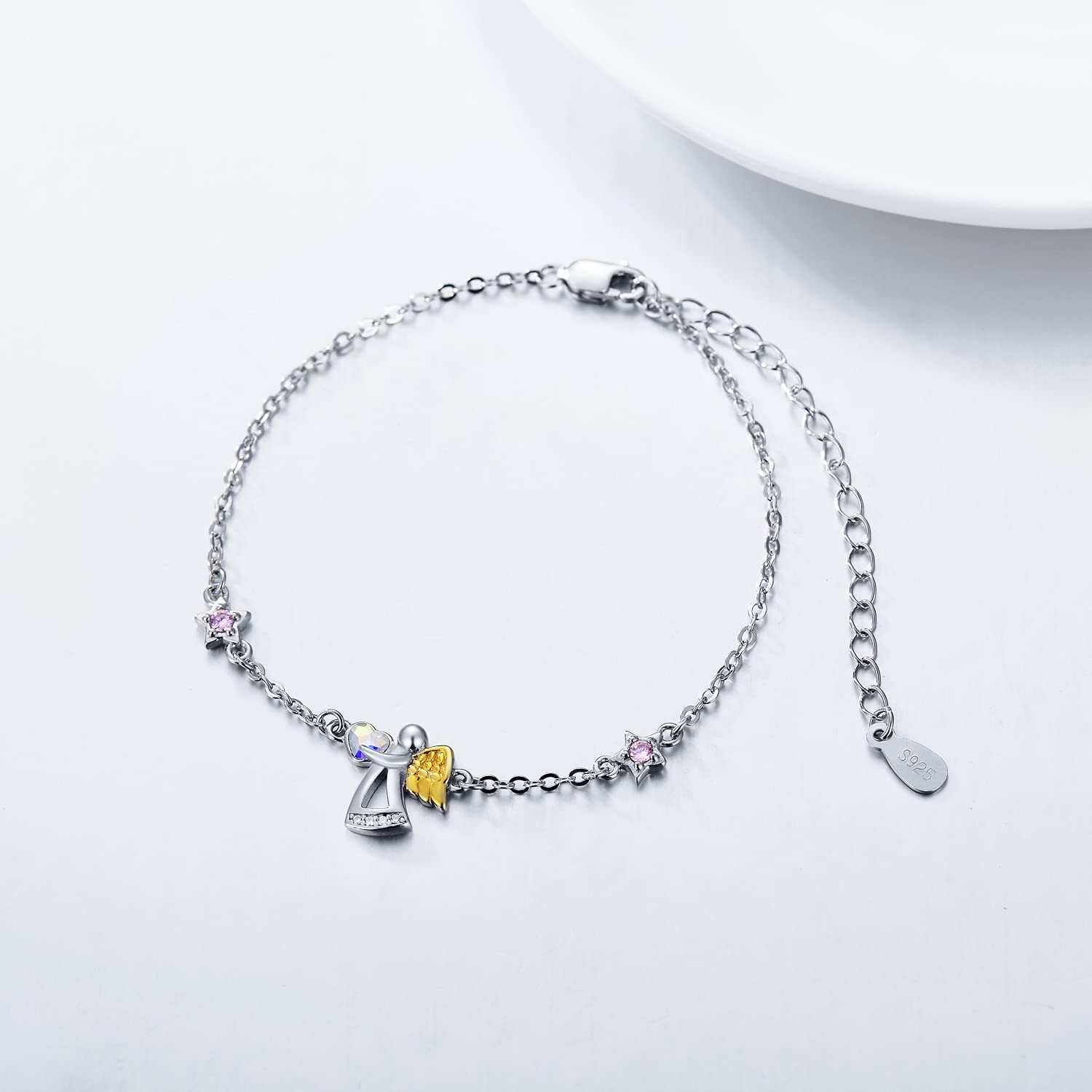 Bracciale dell'angelo custode Bracciale dell'angelo in argento sterling 925, regali di battesimo, comunione e compleanno per ragazze e bambini (bianco)